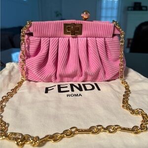 Fendi Pink Pleated Clutch with Gold Chain